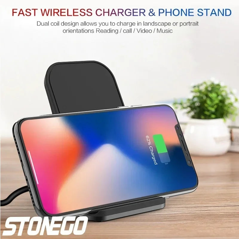 Wireless Charger Mount 10W 7.5W 5W Qi Fast Charging Pad 2 Coils Case Friendly Anti Slip Rubber Type C Input